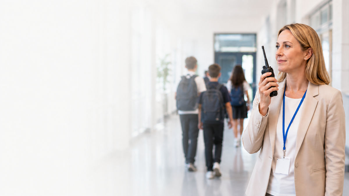 A woman in a beige blazer stands in a bright hallway holding a walkie-talkie, wearing a blue lanyard with an ID badge. Several children are walking away in the background.