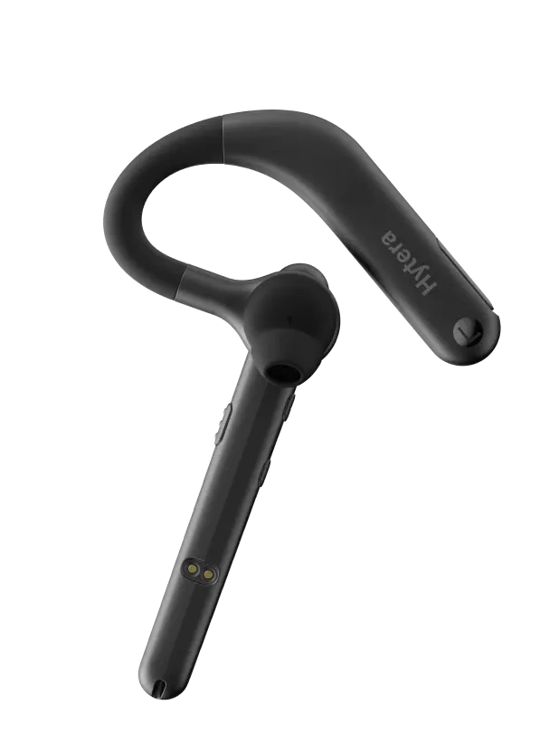 A single black wireless earbud with a curved, ergonomic design, shown against a solid white background.