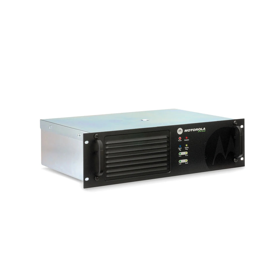 A Motorola 4U rack-mount power supply unit with a silver metal chassis, black front panel, and a large cooling fan on the right side, shown on a white background.