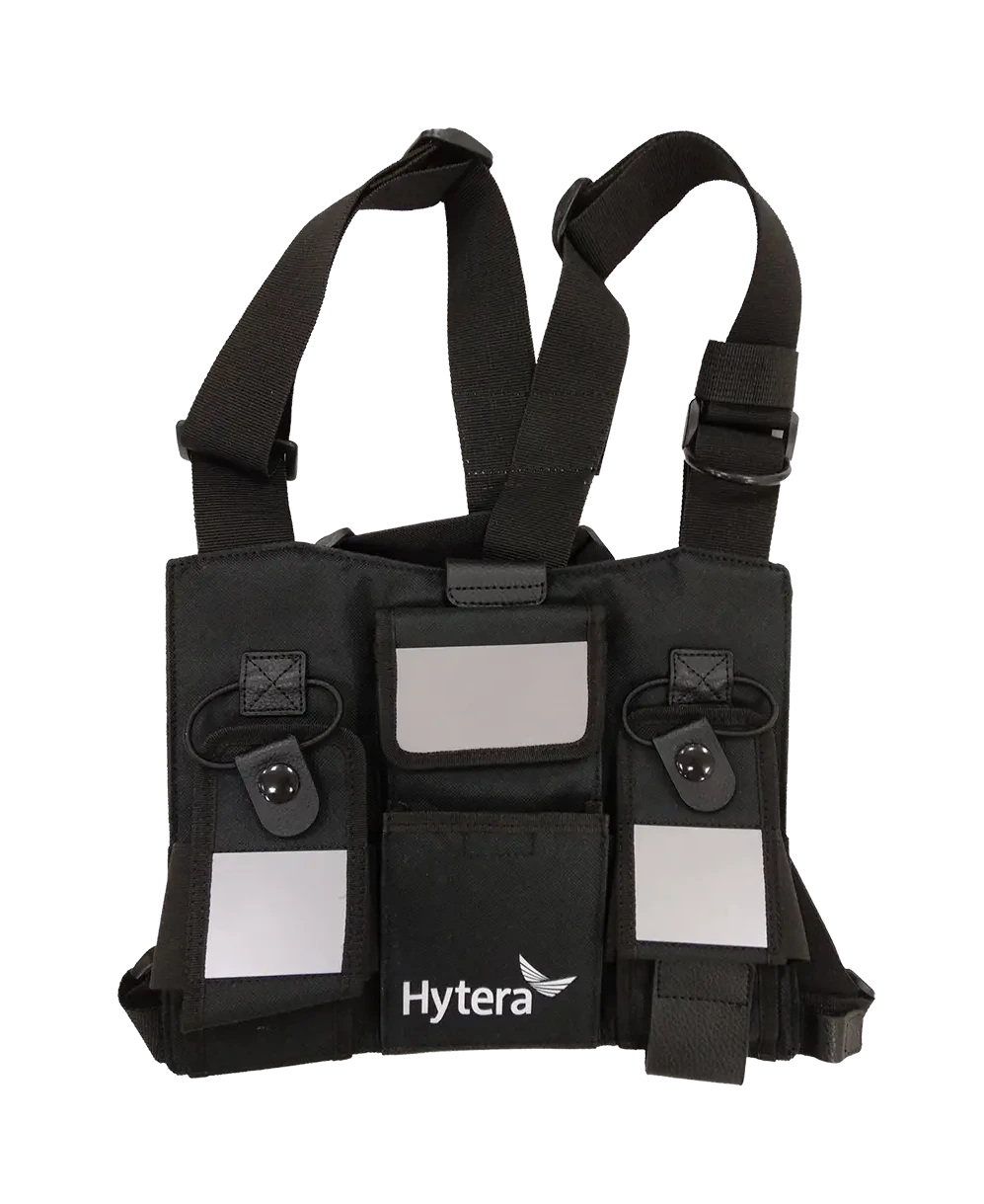 Black tactical vest with Hytera logo on a white background