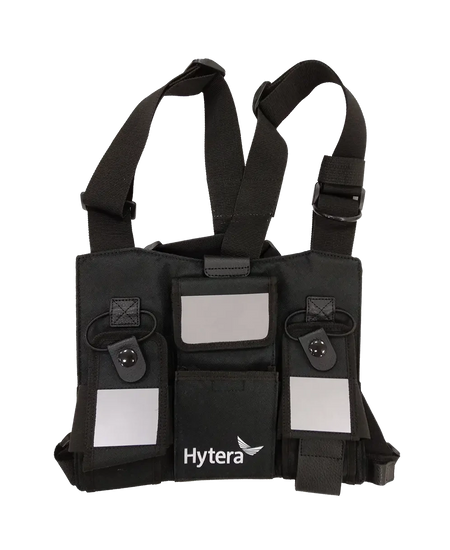 Black tactical vest with Hytera logo on a white background