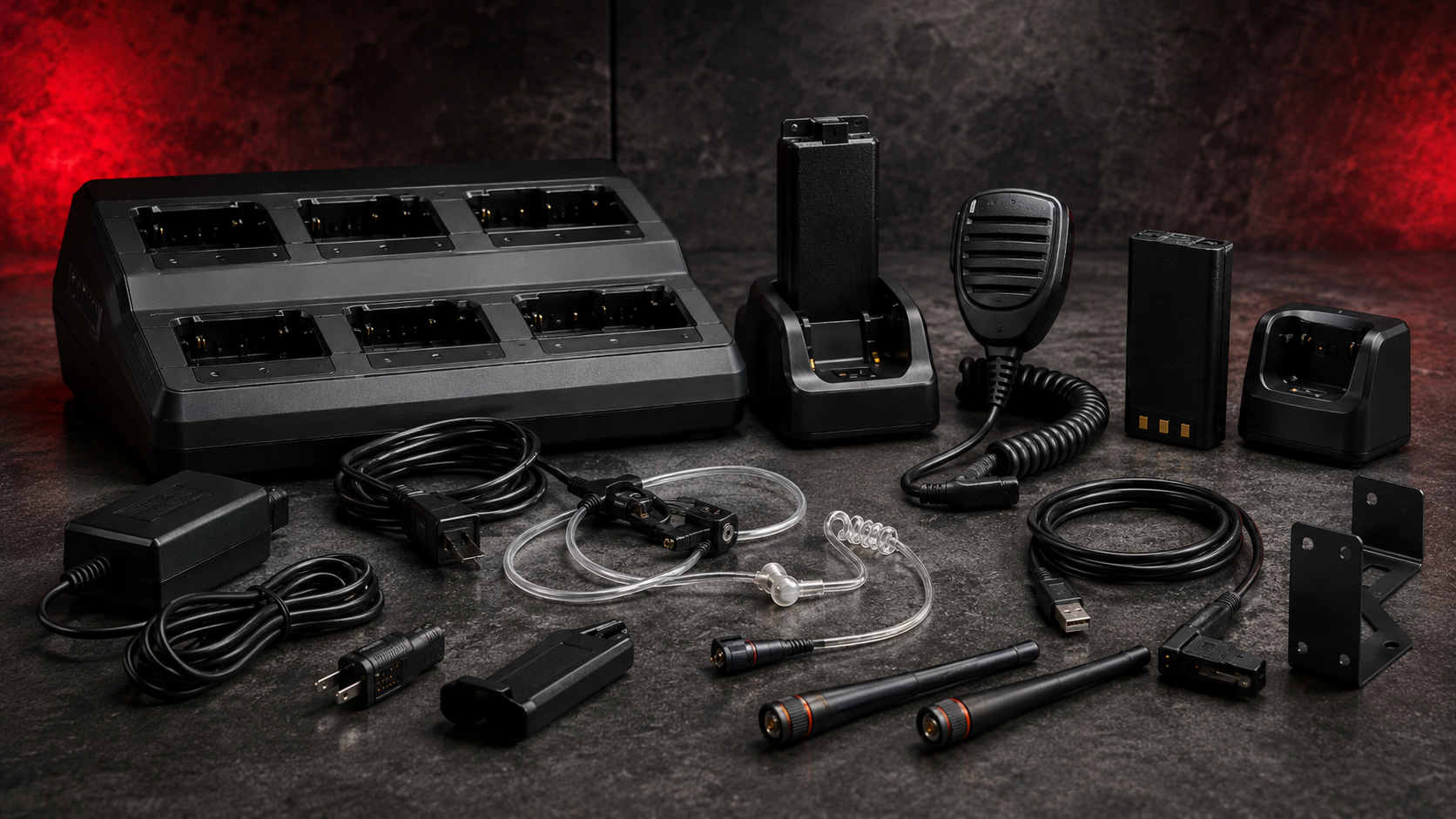 A multi-piece communication device kit arranged on a dark textured surface with red ambient lighting in the background. The kit includes a multi-port battery charger, a handheld microphone, two battery packs, two additional chargers, cables, connectors, and mounting hardware.