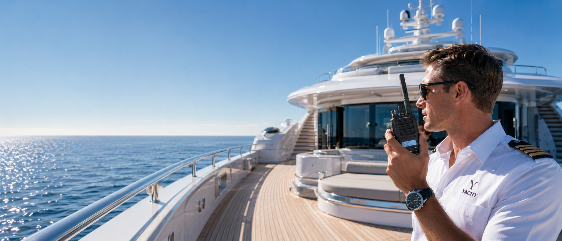 Man on a yacht using a walkie-talkie with a clear blue sky and ocean background