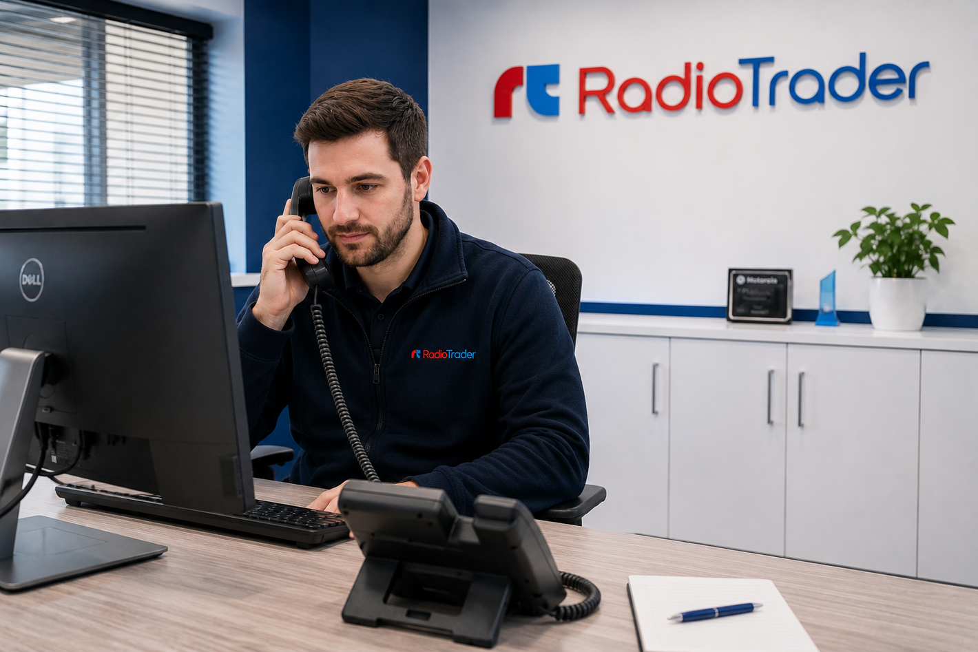 A man in a dark navy RadioTrader work jacket sits at a desk in an office, talking on a landline phone next to a computer monitor. The RadioTrader logo is visible on the wall behind him.