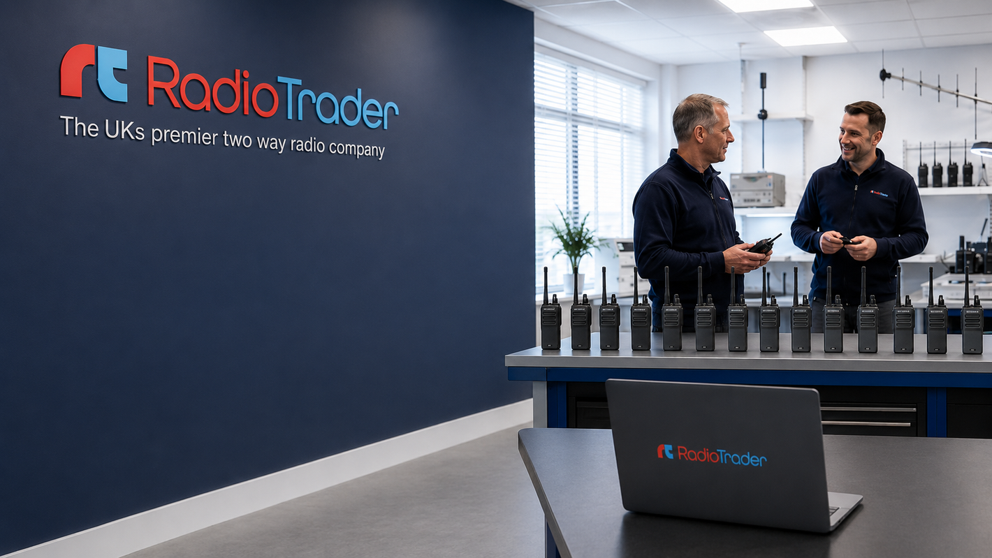 Two men in a room with 'RadioTrader' branding, including a laptop and products on a shelf.