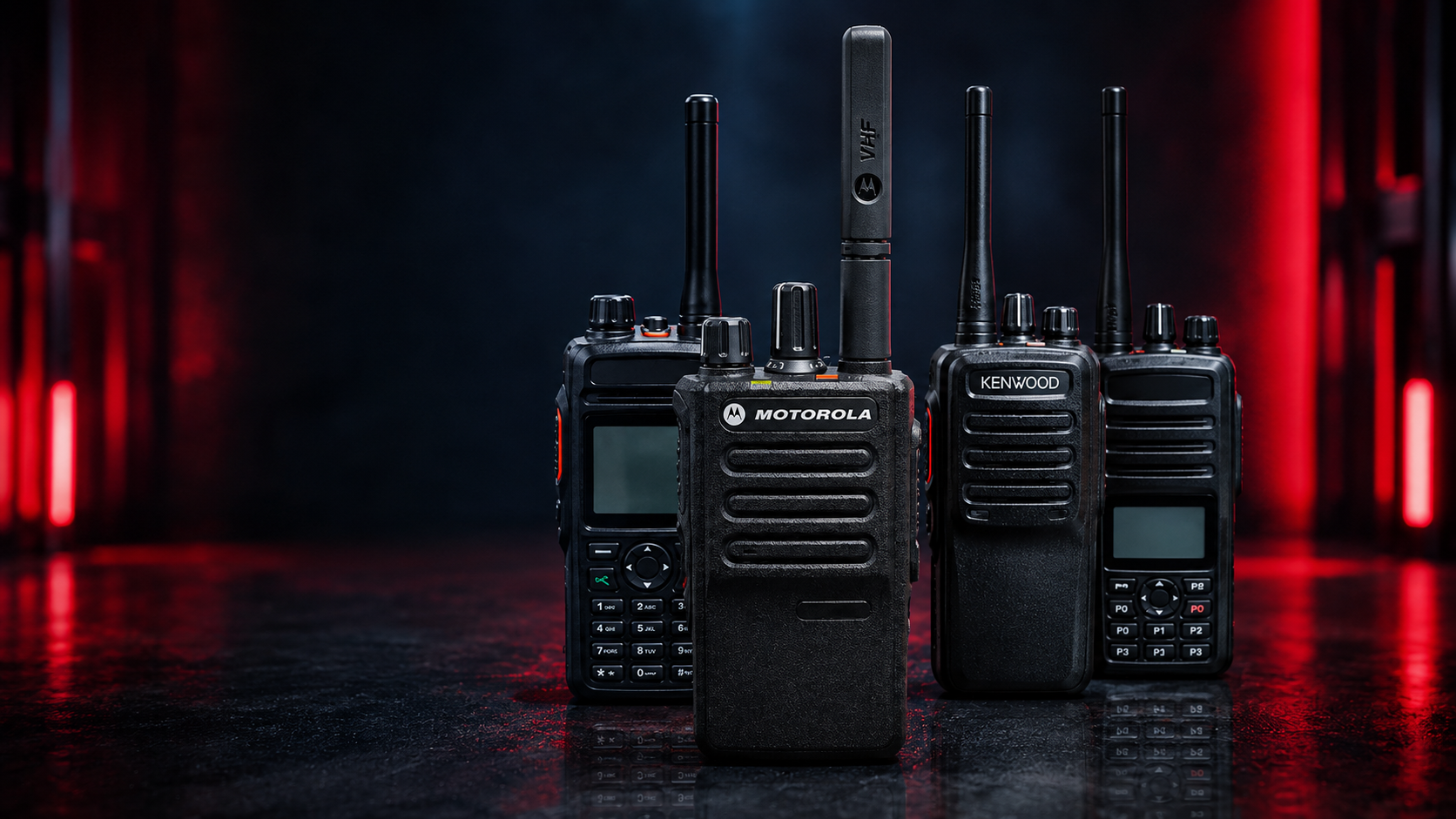 Four black walkie-talkies standing upright on a dark reflective surface, with red vertical light bars in the background. The center walkie-talkie is branded Motorola, and another is branded Kenwood.