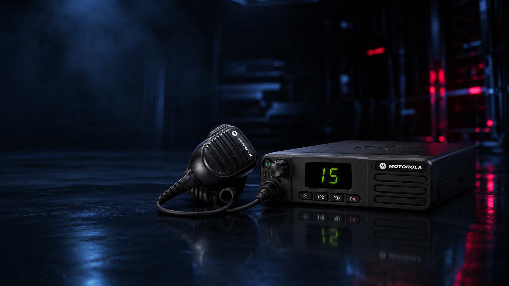 A Motorola CB radio transmitter with an attached handheld microphone, shown on a dark reflective surface with a blurred server-room style background and red ambient lighting.