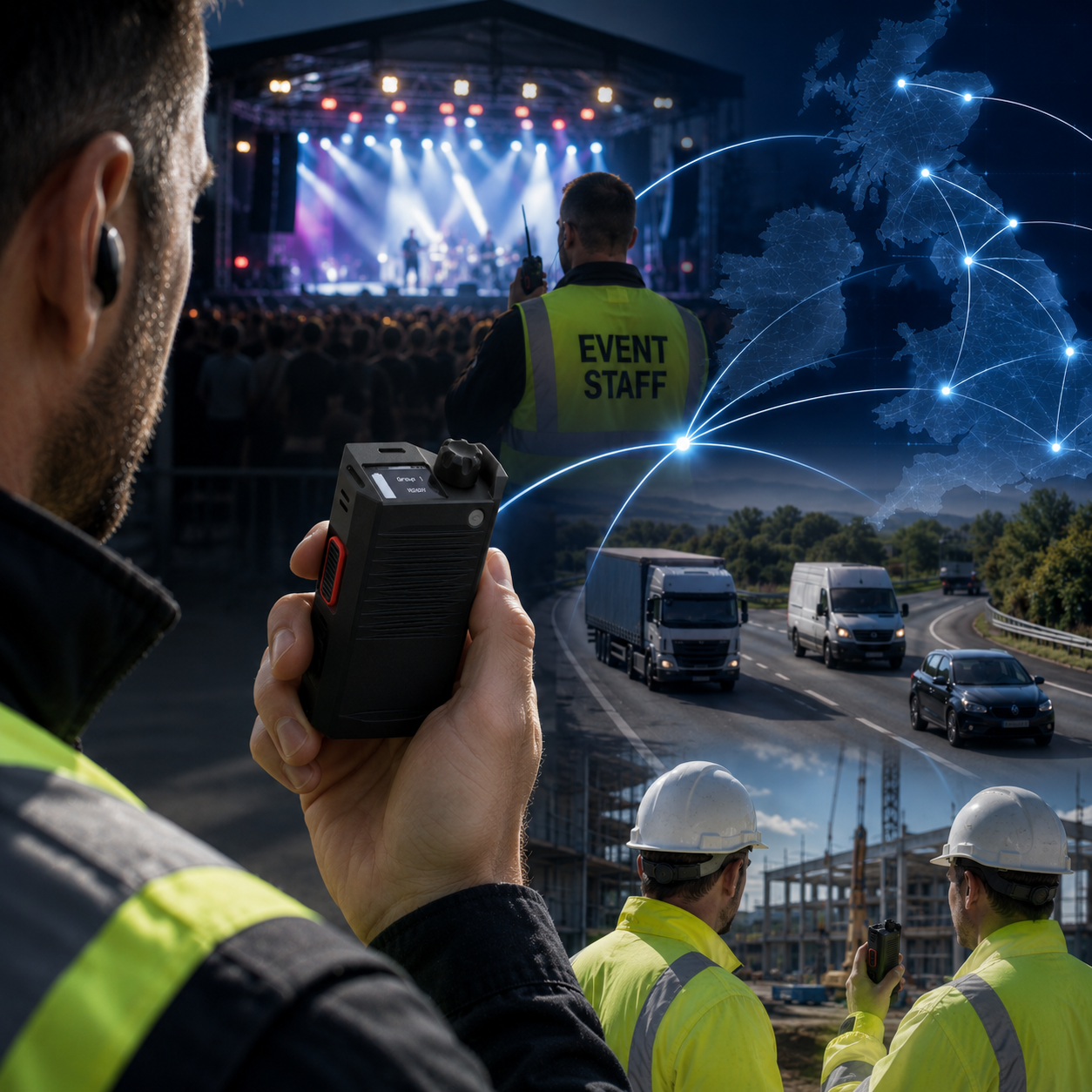 A person in a high-visibility safety vest holds a black handheld device in the foreground, with a composite scene showing an event stage, trucks on a highway, and construction workers in the background. Blue network-like lines and a world map graphic overlay the scene.